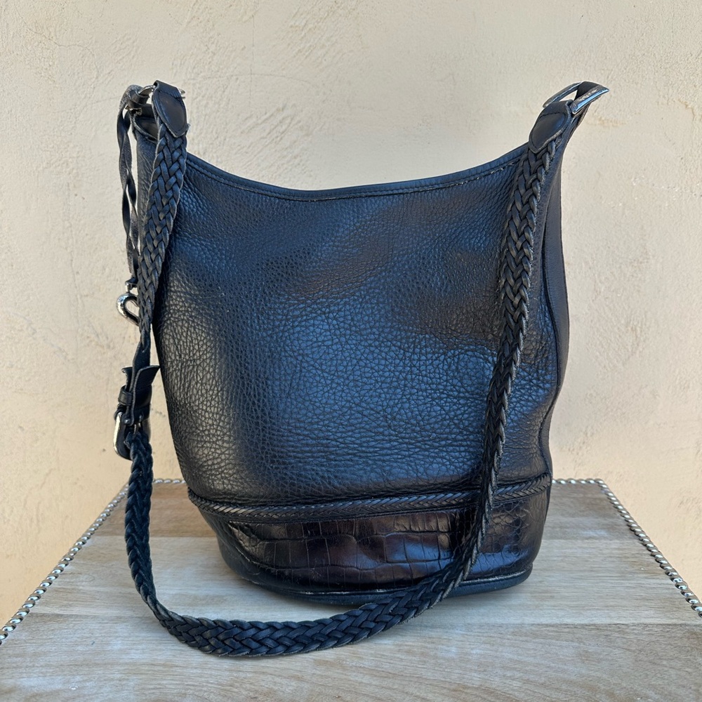 Vintage Brighton Black Leather Hobo With Braided Detailing Bag